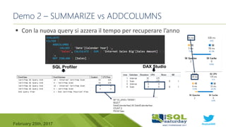 #sqlsat589February 25th, 2017
Demo 2 – SUMMARIZE vs ADDCOLUMNS
 Con la nuova query si azzera il tempo per recuperare l’anno
SQL Profiler DAX Studio
 