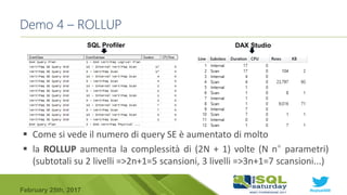 #sqlsat589February 25th, 2017
Demo 4 – ROLLUP
 Come si vede il numero di query SE è aumentato di molto
 la ROLLUP aumenta la complessità di (2N + 1) volte (N n° parametri)
(subtotali su 2 livelli =>2n+1=5 scansioni, 3 livelli =>3n+1=7 scansioni...)
SQL Profiler DAX Studio
 