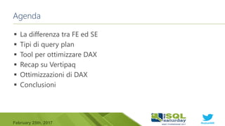 #sqlsat589February 25th, 2017
Agenda
 La differenza tra FE ed SE
 Tipi di query plan
 Tool per ottimizzare DAX
 Recap su Vertipaq
 Ottimizzazioni di DAX
 Conclusioni
 