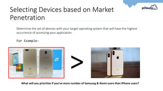 Selecting Devices based on Market
Penetration
Determine the set of devices with your target operating system that will have the highest
occurrence of accessing your application.
For Example-
>
What will you prioritize if you’ve more number of Samsung & Xiomi users than iPhone users?
 