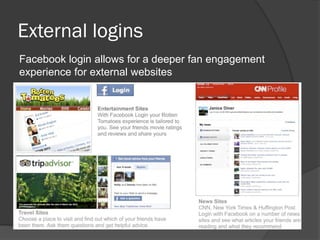 External logins
Facebook login allows for a deeper fan engagement
experience for external websites
 
