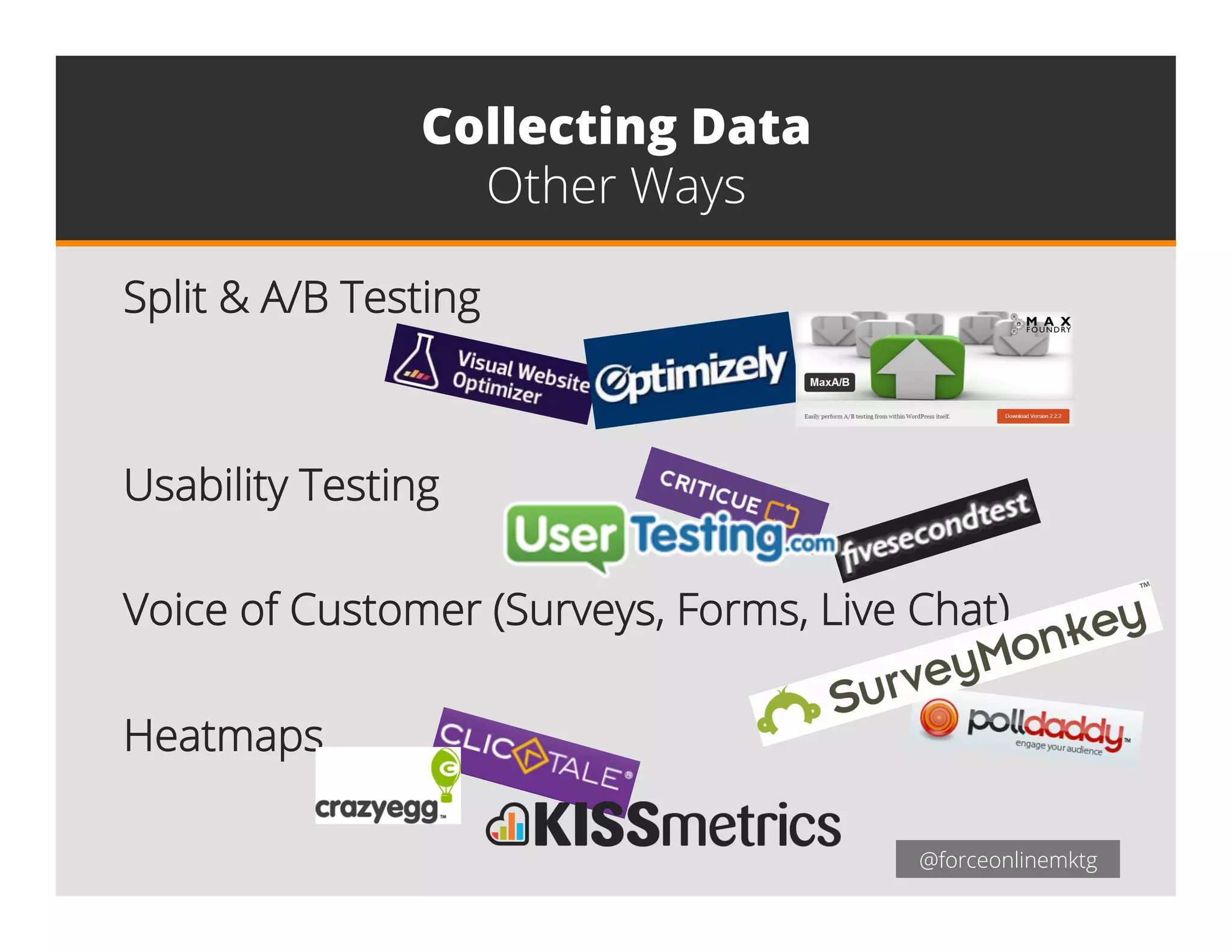 @forceonlinemktg@forceonlinemktg
Split & A/B Testing
Usability Testing
Voice of Customer (Surveys, Forms, Live Chat)
Heatmaps
Collecting Data
Other Ways
 