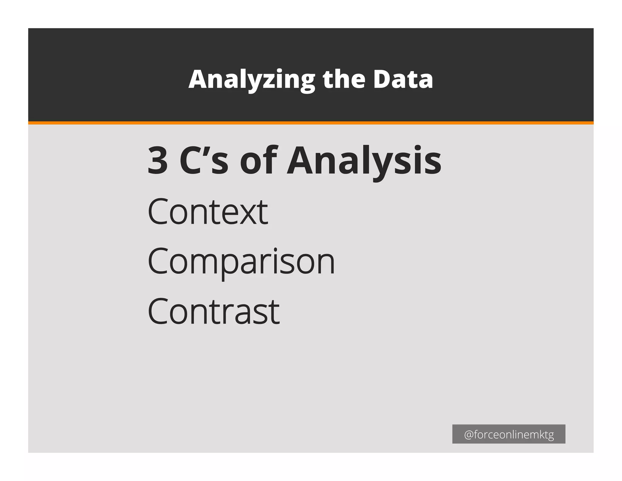 @forceonlinemktg@forceonlinemktg
Analyzing the Data
3 C’s of Analysis
Context
Comparison
Contrast
 