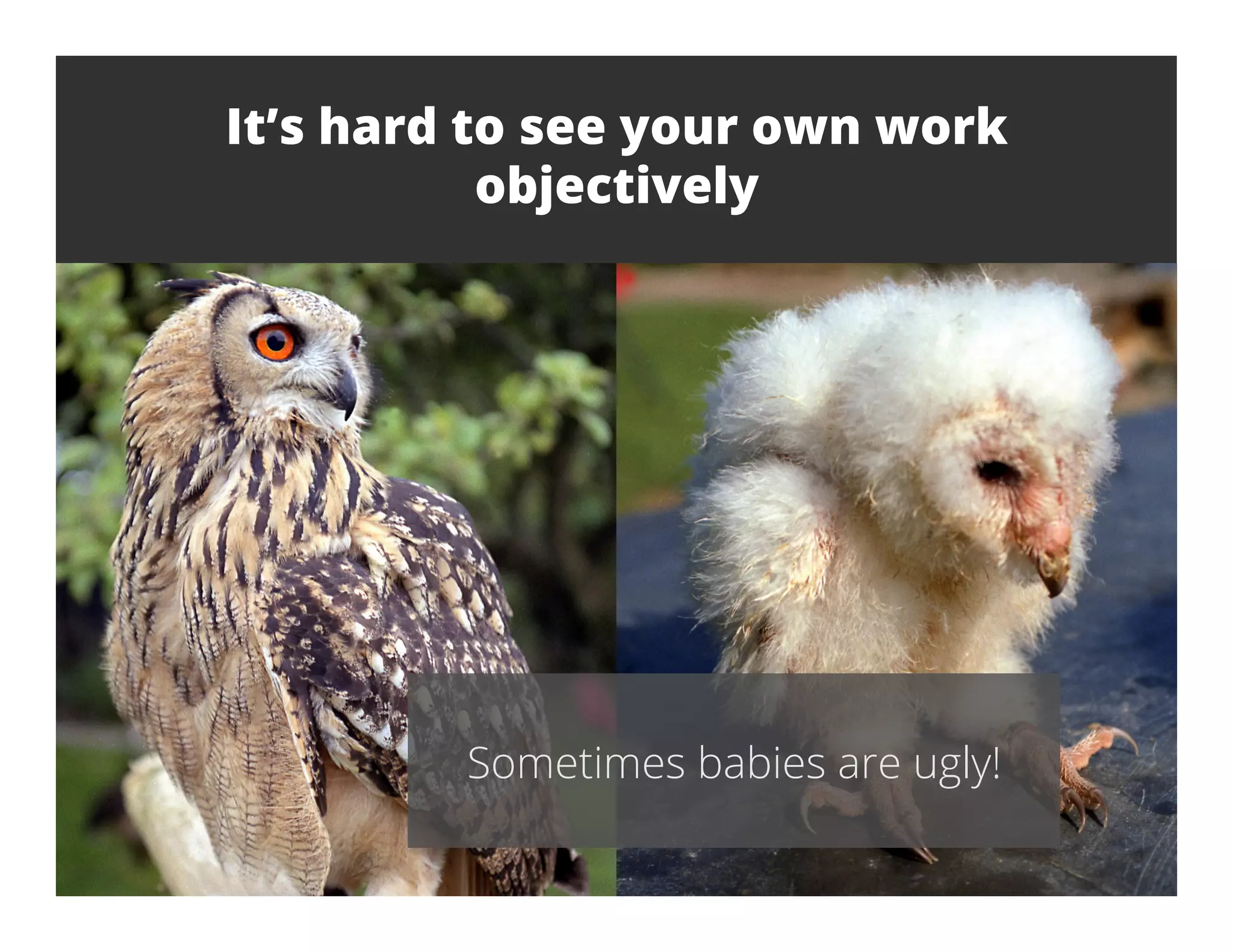 It’s hard to see your own work
objectively
Sometimes babies are ugly!
 