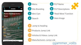 Manufacturers Jump Link
Menu1
2
3
46
Site Branding
Mini Cart
Search
PLP Name5
6 PLP Descriptions
9
Jump to heading
10 Products Jump Link
Articles & Videos Jump Link11
12
9
1 2 3
4
5
10
11
12
‘Read More’ Function7
8
7
8 Hero Image
@jammer_volts
 