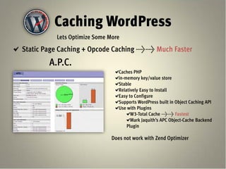 Caching WordPress
          Lets Optimize Some More
Static Page Caching + Opcode Caching >> Much Faster
        A.P.C.
                                 Caches PHP
                                 in-memory key/value store
                                 Stable
                                 Relatively Easy to Install
                                 Easy to Configure
                                 Supports WordPress built in Object Caching API
                                 Use with Plugins
                                       W3-Total Cache >> Fastest
                                       Mark Jaquith’s APC Object-Cache Backend
                                     Plugin

                              Does not work with Zend Optimizer
 