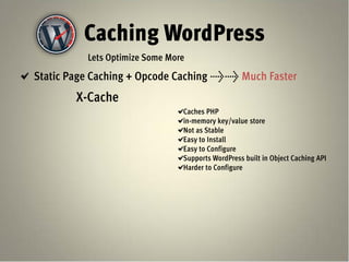 Caching WordPress
          Lets Optimize Some More
Static Page Caching + Opcode Caching >> Much Faster
        X-Cache
                                Caches PHP
                                in-memory key/value store
                                Not as Stable
                                Easy to Install
                                Easy to Configure
                                Supports WordPress built in Object Caching API
                                Harder to Configure
 