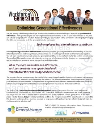 Optimizing Generational Effectiveness
Are you finding it a challenge to manage an important dimension of diversity in your workplace – generational
differences? Perhaps that 65 year old working next to or even reporting to the 25 year old? Believe it or not, this
can actually be a productive situation that can provide your organization with a competitive advantage by leveraging
the skills and knowledge of all the generations in the workplace.




             Baby Boomers               Each employee has something to contribute.

In the Optimizing Generational Effectiveness e-learning program, you will get a better understanding of why the
different generations are the way they are, which will aid you in working productively and harmoniously together.
You will learn how to communicate across the generations and how to more effectively handle conflict when it arises.




                                                                                                Gen Ys
These skills will be supplemented with strategies to help you whether you are in the situation of a younger worker
and an older boss or vice versa with a younger boss and older worker.

  While there are similarities and differences,
  each person wants to be appreciated and
  respected for their knowledge and experience.                   Gen Xers
The program also has a supervisor version that includes two additional modules that address issues such as recruiting
and retention, and how to successfully develop the talents of the different generations. Even the preferred style and
pace of learning is vastly different. Companies that recognize and embrace these differences will be more successful




Radio Babies
with employee engagement and satisfaction, resulting in a more inclusive and dedicated workforce.


The basis of the Optimizing Generational Effectiveness e-learning program is from the book, Bridging the
Generation Gap, co-authored by Linda Gravett, PhD, SPHR CEQC and Robin Throckmorton, MA, SPHR. The book
is a very hands-on, how-to book based on 500 interviews of each of the 4 current generations in the work-
place – Radio Babies, Baby Boomers, Gen Xers, and Gen Ys. The principles of this book have been applied to
this dynamic and interactive e-learning program to help your workforce learn to more effectively benefit from the
multigenerational talent on staff.

                                                   Call 513-236-2170 for more information about this program,
                                                   or email info@diversityuniversity.com




              © Diversity University • 4555 Lake Forest Drive, Suite 650 • Cincinnati, OH 45242
              (513)236-2170 • info@diversityuniversity.com • www.diversityuniversity.com
 