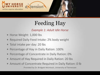 Feeding HayExample 1: Adult Idle HorseHorse Weight: 1,000 lbsRequired Daily Feed Intake: 2% body weightTotal intake per day: 20 lbsPercentage of Hay in Daily Ration: 100%Percentage of Concentrate in Daily Ration: 0%Amount of Hay Required in Daily Ration: 20 lbsAmount of Concentrate Required in Daily Ration: 0 lbProvided by Dr. Bridgett McIntosh, University of Tennessee