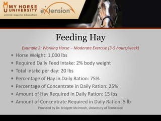 Feeding HayExample 2: Working Horse – Moderate Exercise (3-5 hours/week)Horse Weight: 1,000 lbsRequired Daily Feed Intake: 2% body weightTotal intake per day: 20 lbsPercentage of Hay in Daily Ration: 75%Percentage of Concentrate in Daily Ration: 25%Amount of Hay Required in Daily Ration: 15 lbsAmount of Concentrate Required in Daily Ration: 5 lbProvided by Dr. Bridgett McIntosh, University of Tennessee