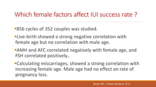 Which female factors affect IUI success rate ?
856 cycles of 352 couples was studied.
Live-birth showed a strong negative correlation with
female age but no correlation with male age.
AMH and AFC correlated negatively with female age, and
FSH correlated positively..
Calculating miscarriages, showed a strong correlation with
increasing female age. Male age had no effect on rate of
pregnancy loss.
Speyer BE, J Obstet Gynaecol. 2013
 