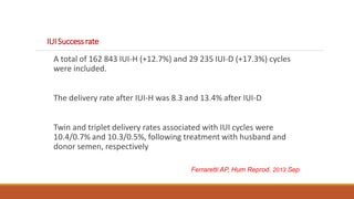 IUISuccessrate
A total of 162 843 IUI-H (+12.7%) and 29 235 IUI-D (+17.3%) cycles
were included.
The delivery rate after IUI-H was 8.3 and 13.4% after IUI-D
Twin and triplet delivery rates associated with IUI cycles were
10.4/0.7% and 10.3/0.5%, following treatment with husband and
donor semen, respectively
Ferraretti AP, Hum Reprod. 2013 Sep
 