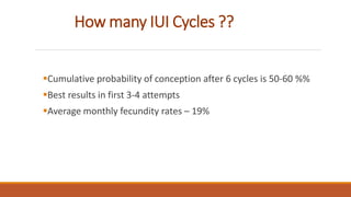 How many IUI Cycles ??
Cumulative probability of conception after 6 cycles is 50-60 %%
Best results in first 3-4 attempts
Average monthly fecundity rates – 19%
 