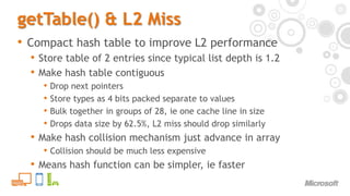 getTable() & L2 MissCompact hash table to improve L2 performanceStore table of 2 entries since typical list depth is 1.2Make hash table contiguousDrop next pointersStore types as 4 bits packed separate to valuesBulk together in groups of 28, ie one cache line in sizeDrops data size by 62.5%, L2 miss should drop similarlyMake hash collision mechanism just advance in arrayCollision should be much less expensiveMeans hash function can be simpler, ie faster