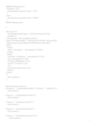 ##BEGIN debug section
 if (obj.hits > 0) {
   set resp.http.X-Varnish-Cache = “HIT”;
 }
 else {
   set resp.http.X-Varnish...