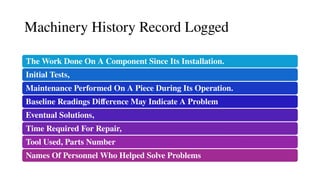 Machinery History Record Logged
The Work Done On A Component Since Its Installation.
Initial Tests,
Maintenance Performed On A Piece During Its Operation.
Baseline Readings Difference May Indicate A Problem
Eventual Solutions,
Time Required For Repair,
Tool Used, Parts Number
Names Of Personnel Who Helped Solve Problems
 