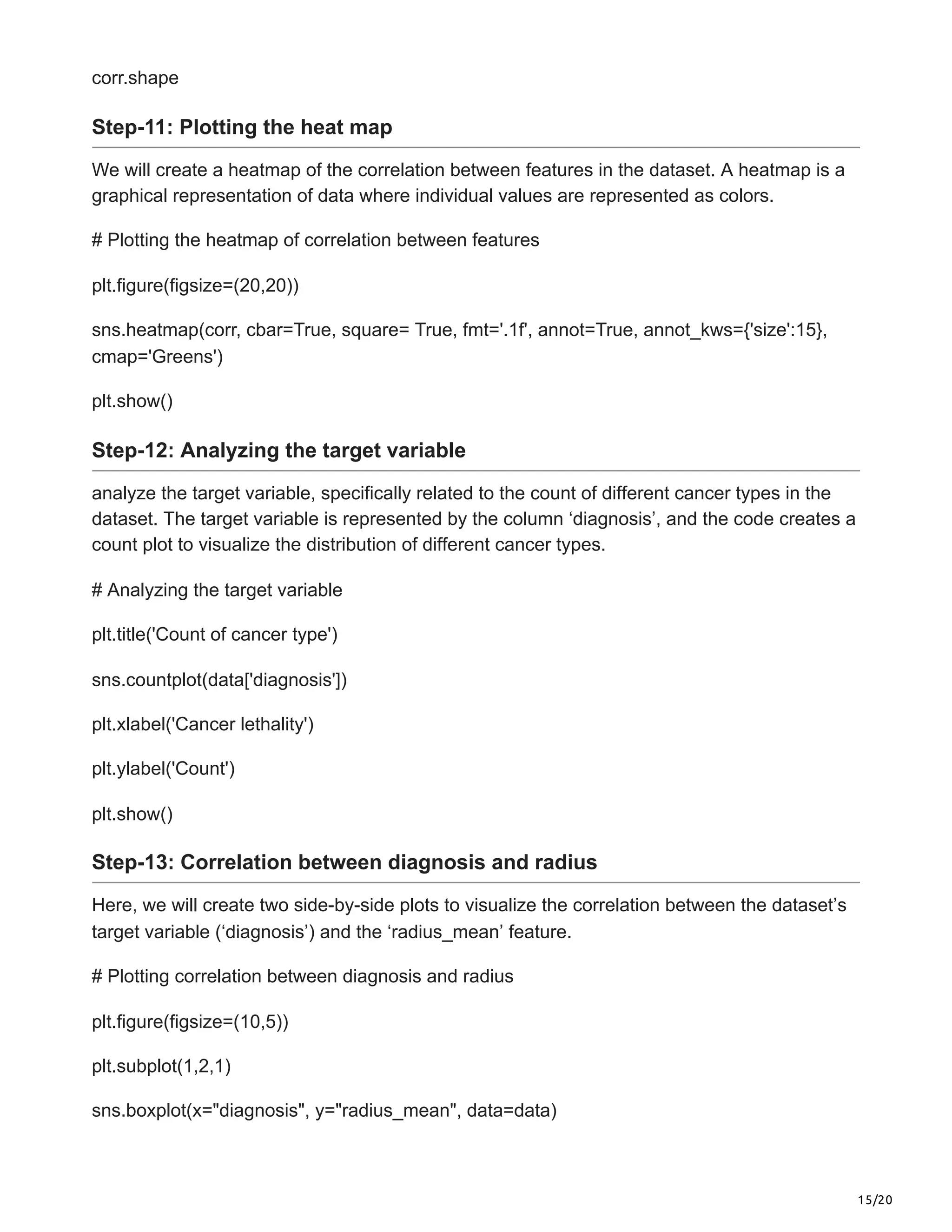 15/20
corr.shape
Step-11: Plotting the heat map
We will create a heatmap of the correlation between features in the dataset. A heatmap is a
graphical representation of data where individual values are represented as colors.
# Plotting the heatmap of correlation between features
plt.figure(figsize=(20,20))
sns.heatmap(corr, cbar=True, square= True, fmt='.1f', annot=True, annot_kws={'size':15},
cmap='Greens')
plt.show()
Step-12: Analyzing the target variable
analyze the target variable, specifically related to the count of different cancer types in the
dataset. The target variable is represented by the column ‘diagnosis’, and the code creates a
count plot to visualize the distribution of different cancer types.
# Analyzing the target variable
plt.title('Count of cancer type')
sns.countplot(data['diagnosis'])
plt.xlabel('Cancer lethality')
plt.ylabel('Count')
plt.show()
Step-13: Correlation between diagnosis and radius
Here, we will create two side-by-side plots to visualize the correlation between the dataset’s
target variable (‘diagnosis’) and the ‘radius_mean’ feature.
# Plotting correlation between diagnosis and radius
plt.figure(figsize=(10,5))
plt.subplot(1,2,1)
sns.boxplot(x="diagnosis", y="radius_mean", data=data)
 