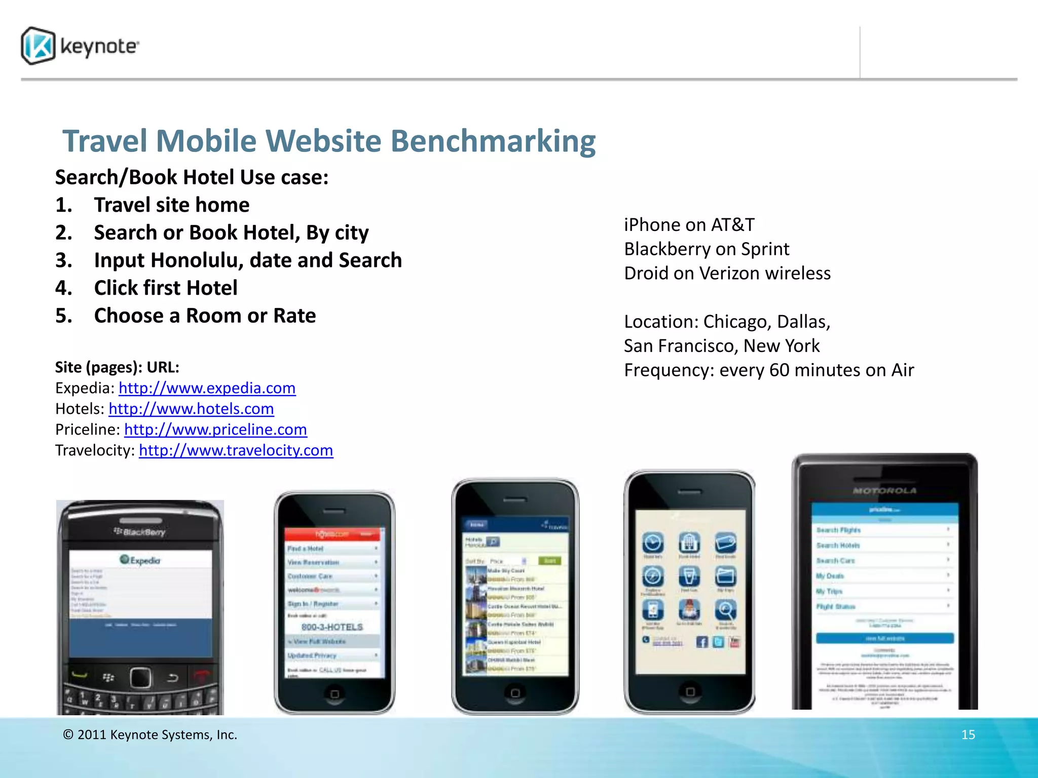 Travel Mobile Website Benchmarking
Search/Book Hotel Use case:
1. Travel site home
2. Search or Book Hotel, By city          iPhone on AT&T
                                          Blackberry on Sprint
3. Input Honolulu, date and Search
                                          Droid on Verizon wireless
4. Click first Hotel
5. Choose a Room or Rate                  Location: Chicago, Dallas,
                                          San Francisco, New York
Site (pages): URL:                        Frequency: every 60 minutes on Air
Expedia: http://www.expedia.com
Hotels: http://www.hotels.com
Priceline: http://www.priceline.com
Travelocity: http://www.travelocity.com




 © 2011 Keynote Systems, Inc.                                                  15
 