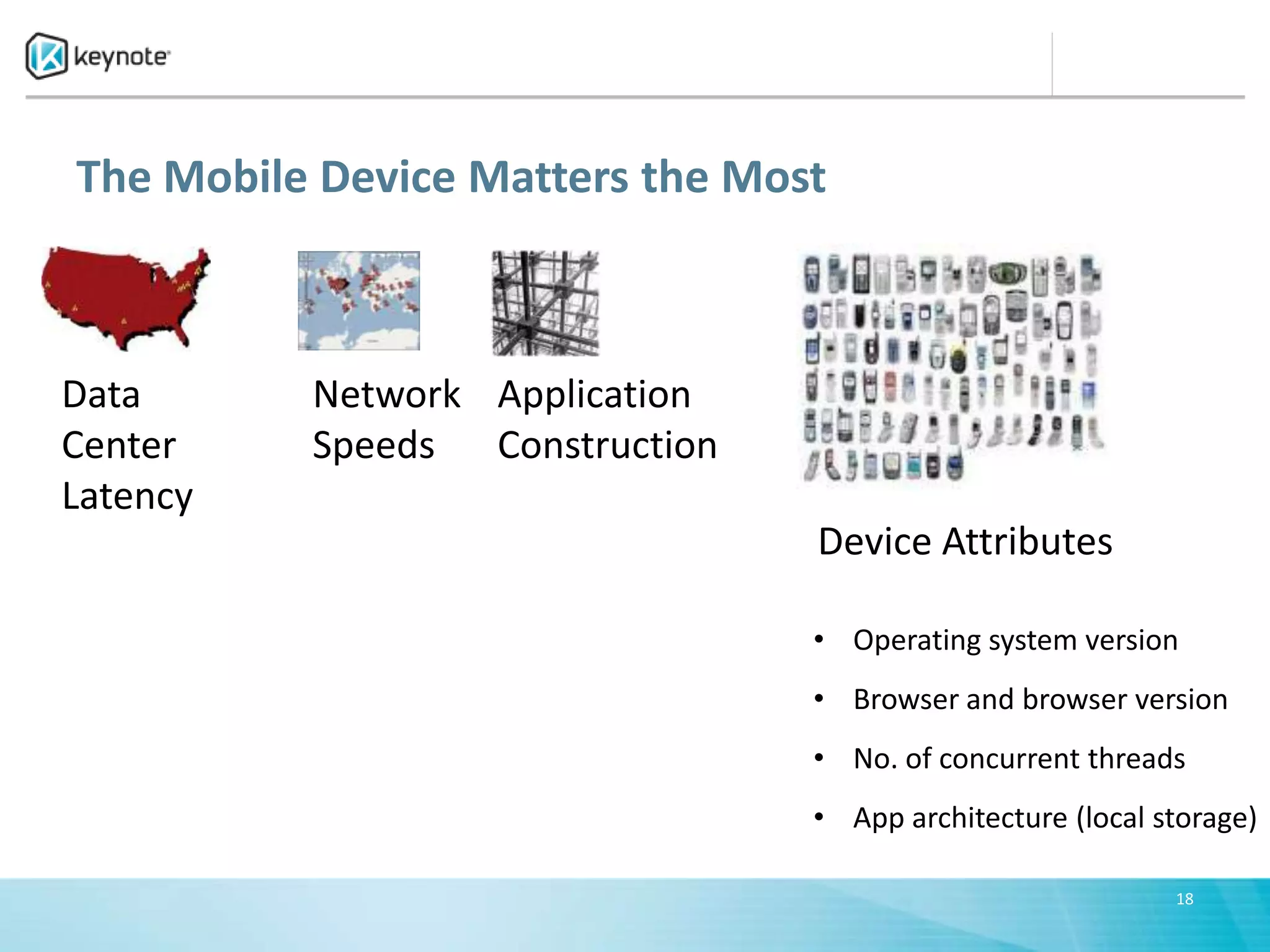 The Mobile Device Matters the Most



Data      Network Application
Center    Speeds Construction
Latency
                                 Device Attributes

                                 • Operating system version
                                 • Browser and browser version
                                 • No. of concurrent threads
                                 • App architecture (local storage)

                                                            18
 