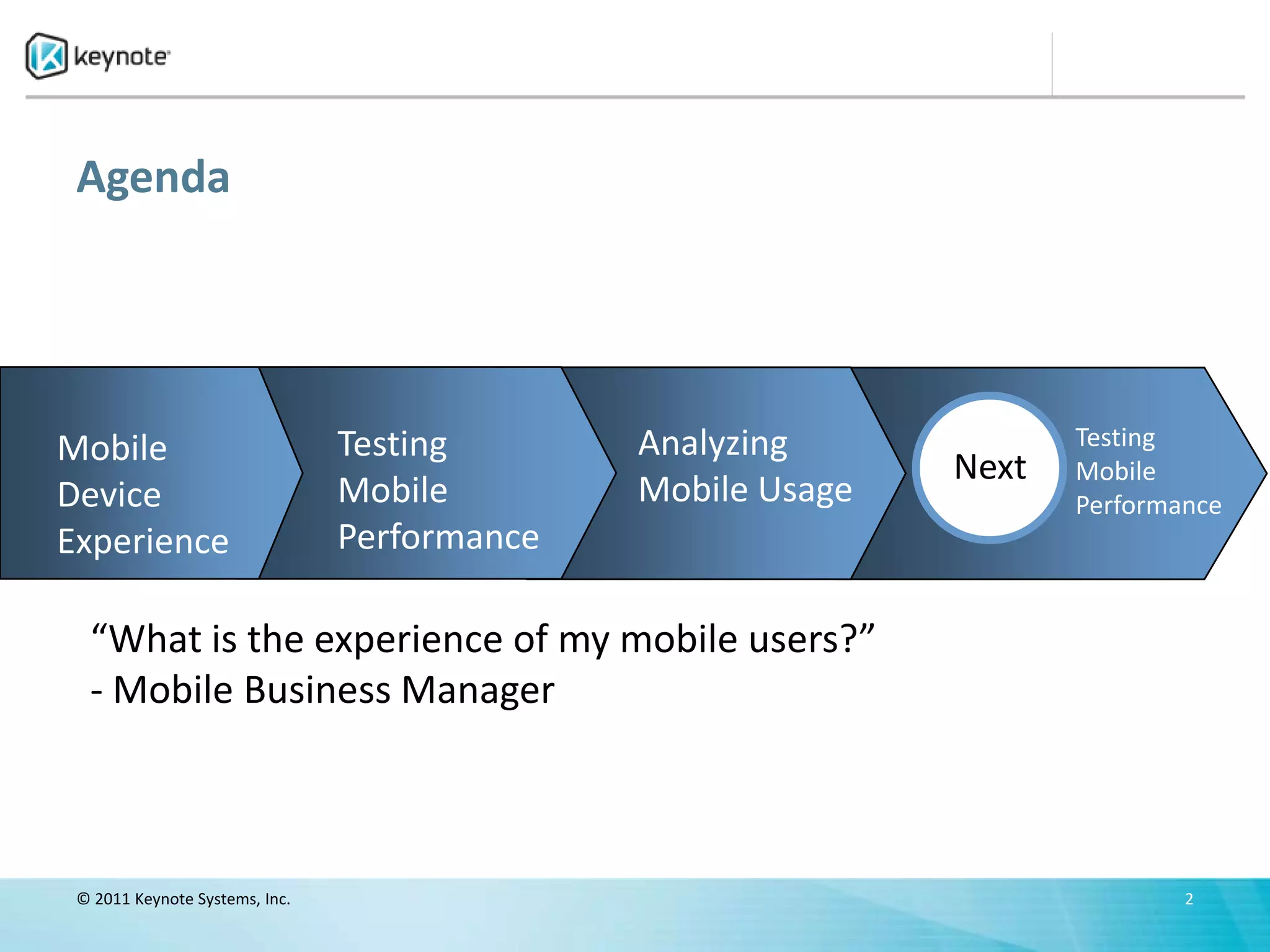Agenda




Mobile                          Testing       Analyzing             Testing
                                                             Next   Mobile
Device                          Mobile        Mobile Usage          Performance
Experience                      Performance

  “What is the experience of my mobile users?”
  - Mobile Business Manager



 © 2011 Keynote Systems, Inc.                                               2
 