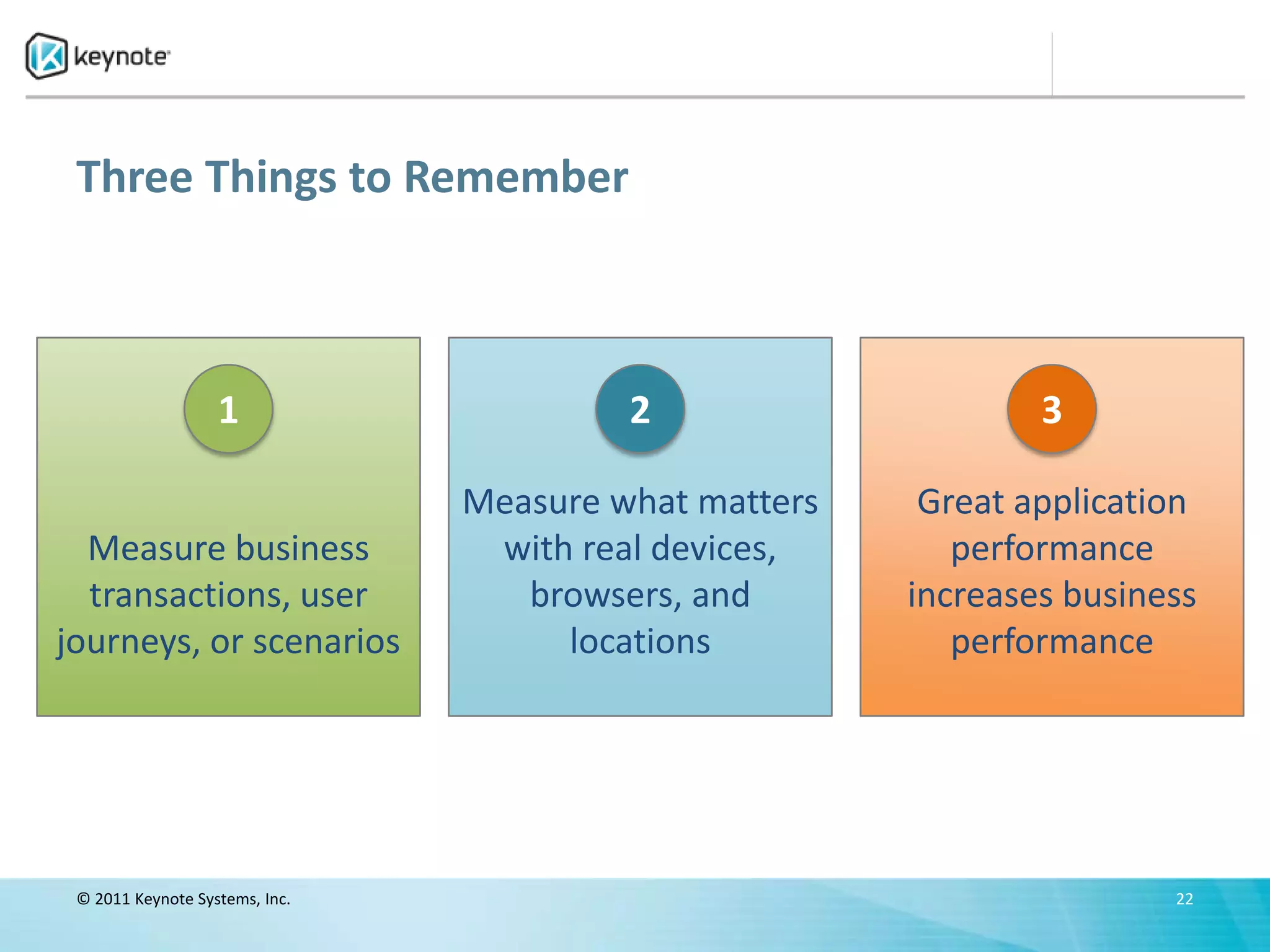 Three Things to Remember



                   1                     2                     3

                                Measure what matters    Great application
  Measure business               with real devices,       performance
  transactions, user               browsers, and       increases business
journeys, or scenarios               locations            performance




 © 2011 Keynote Systems, Inc.                                          22
 