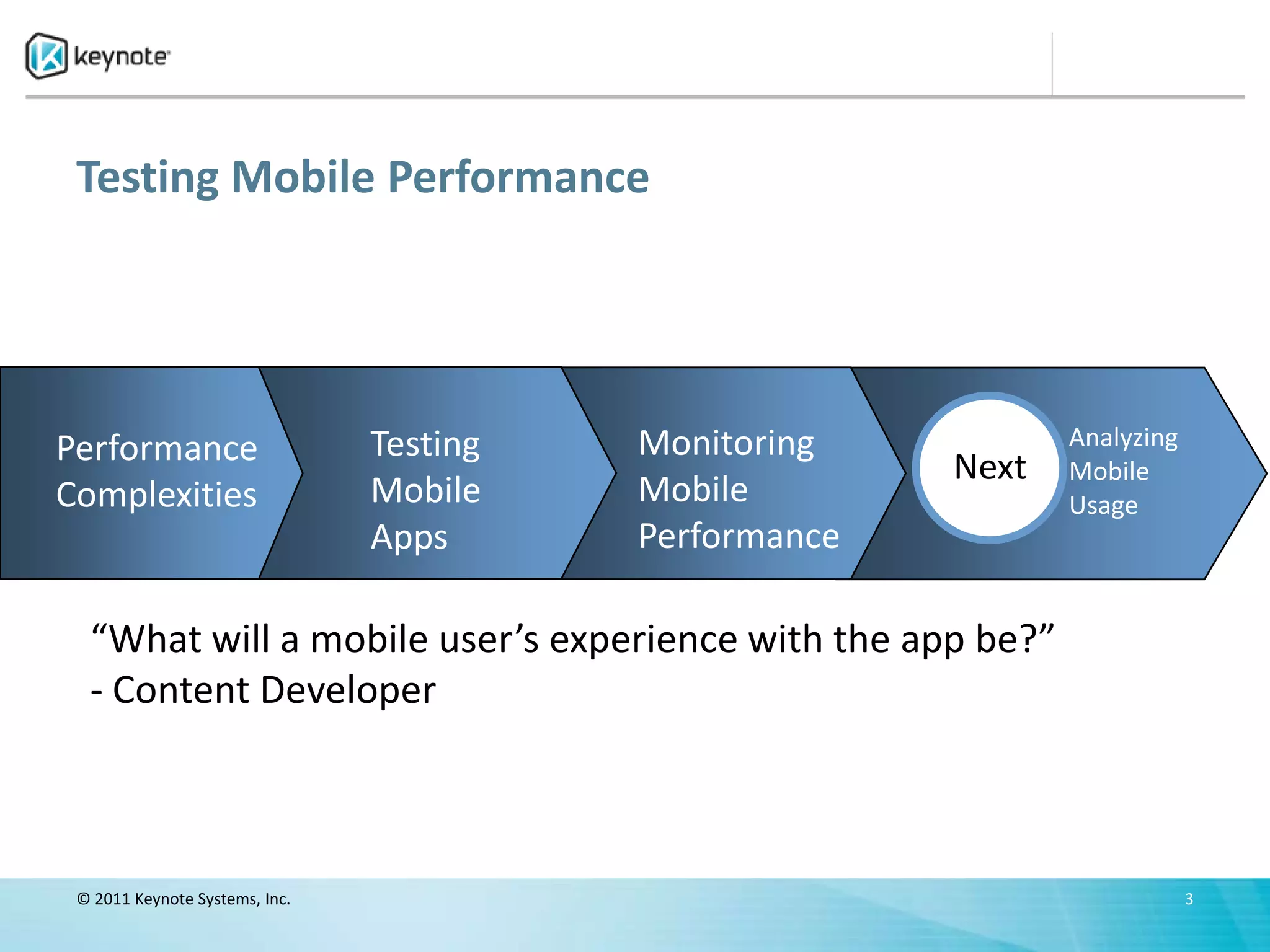 Testing Mobile Performance




Performance                     Testing   Monitoring           Analyzing
                                                        Next   Mobile
Complexities                    Mobile    Mobile               Usage
                                Apps      Performance

  “What will a mobile user’s experience with the app be?”
  - Content Developer



 © 2011 Keynote Systems, Inc.                                              3
 