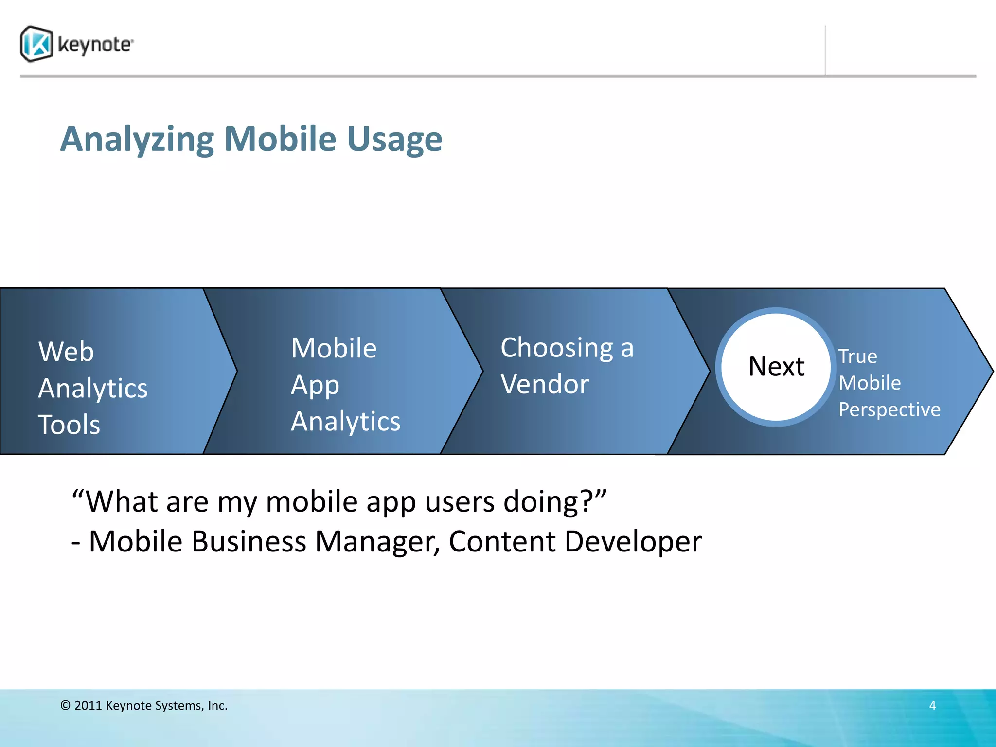 Analyzing Mobile Usage




Web                             Mobile      Choosing a          True
                                                         Next
Analytics                       App         Vendor              Mobile
                                                                Perspective
Tools                           Analytics

  “What are my mobile app users doing?”
  - Mobile Business Manager, Content Developer



 © 2011 Keynote Systems, Inc.                                            4
 