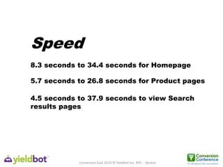 Speed <br />8.3 seconds to 34.4 seconds for Homepage<br />5.7 seconds to 26.8 seconds for Product pages <br />4.5 seconds ...