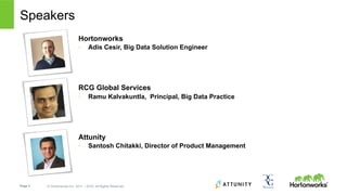 Page 2 © Hortonworks Inc. 2011 – 2015. All Rights Reserved
Speakers
	
    Hortonworks
◦  Adis Cesir, Big Data Solution Engineer
	
    RCG Global Services
◦  Ramu Kalvakuntla, Principal, Big Data Practice
	
    Attunity
◦  Santosh Chitakki, Director of Product Management
 