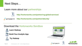 Page 23 © Hortonworks Inc. 2011 – 2015. All Rights Reserved
Next Steps…
Download the Hortonworks Sandbox
Learn Hadoop
Build Your Analytic App
Try Hadoop
Learn more about our partnerships
http://hortonworks.com/partner/rcg-global-services/
http://hortonworks.com/partner/attunity/
 