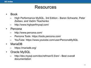 Resources 
• Book 
– High Performance MySQL, 3rd Edition - Baron Schwartz, Peter 
Zaitsev, and Vadim Tkachenko 
– http://www.highperfmysql.com/ 
• Percona 
– http://www.percona.com/ 
– Percona Tools https://tools.percona.com/ 
– YouTube https://www.youtube.com/user/PerconaMySQL 
• MariaDB 
– https://mariadb.org/ 
• Oracle MySQL 
– http://dev.mysql.com/doc/refman/5.5/en/ - Best overall 
documentation 
39 
 