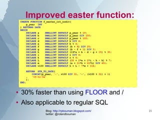 Improved easter function:
    CREATE FUNCTION f_easter_int_nodiv(
        p_year INT
    ) RETURNS DATE
    BEGIN
        ...