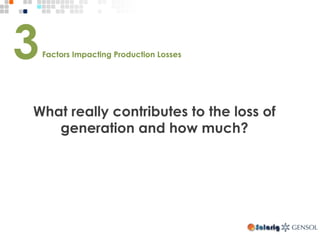 Factors Impacting Production Losses
What really contributes to the loss of
generation and how much?
 