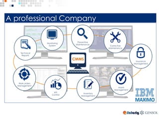 A professional Company
Technical
Reports
Work orders
Management
KPI
Control
Inventory
Management
Assets
Management
Insurance
Management
Corrective
Maintenance
Preventive
Maintenance
Monitoring
System
CMMS
 