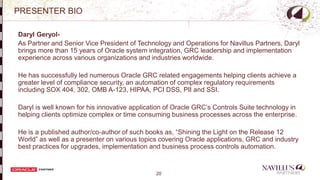 20
PRESENTER BIO
Daryl Geryol-
As Partner and Senior Vice President of Technology and Operations for Navillus Partners, Daryl
brings more than 15 years of Oracle system integration, GRC leadership and implementation
experience across various organizations and industries worldwide.
He has successfully led numerous Oracle GRC related engagements helping clients achieve a
greater level of compliance security, an automation of complex regulatory requirements
including SOX 404, 302, OMB A-123, HIPAA, PCI DSS, PII and SSI.
Daryl is well known for his innovative application of Oracle GRC’s Controls Suite technology in
helping clients optimize complex or time consuming business processes across the enterprise.
He is a published author/co-author of such books as, “Shining the Light on the Release 12
World” as well as a presenter on various topics covering Oracle applications, GRC and industry
best practices for upgrades, implementation and business process controls automation.
-
 
