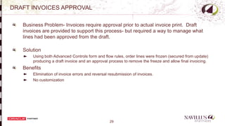 29
DRAFT INVOICES APPROVAL
Business Problem- Invoices require approval prior to actual invoice print. Draft
invoices are provided to support this process- but required a way to manage what
lines had been approved from the draft.
Solution
Using both Advanced Controls form and flow rules, order lines were frozen (secured from update)
producing a draft invoice and an approval process to remove the freeze and allow final invoicing.
Benefits
Elimination of invoice errors and reversal resubmission of invoices.
No customization
-
 