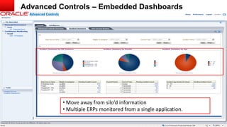 Copyright © 2013, Oracle and/or its affiliates. All rights reserved. Confidential – Oracle Internal35
• Move away from silo’d information
• Multiple ERPs monitored from a single application.
Advanced Controls – Embedded Dashboards
 