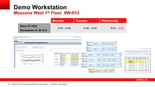 Copyright © 2013, Oracle and/or its affiliates. All rights reserved. Confidential – Oracle Internal53
Demo Workstation
Moscone West 1st Floor #W-013
Monday Tuesday Wednesday
Demo ID 3532
Workstation #: W--013
9:45 – 6:00 9:45 – 6:00 9:45 – 4:00
 