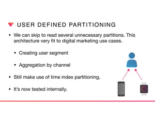 USER DEFINED PARTITIONING
• We can skip to read several unnecessary partitions. This
architecture very ﬁt to digital marketing use cases.

• Creating user segment

• Aggregation by channel

• Still make use of time index partitioning.

• It’s now tested internally.
 
