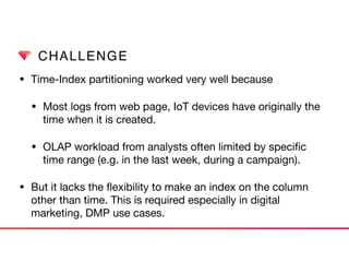 CHALLENGE
• Time-Index partitioning worked very well because

• Most logs from web page, IoT devices have originally the
t...