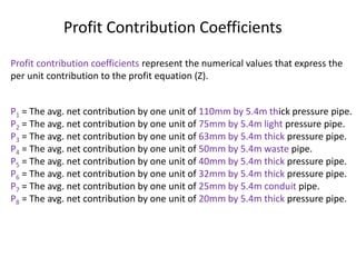 Profit Contribution Coefficients
Profit contribution coefficients represent the numerical values that express the
per unit contribution to the profit equation (Z).
P1 = The avg. net contribution by one unit of 110mm by 5.4m thick pressure pipe.
P2 = The avg. net contribution by one unit of 75mm by 5.4m light pressure pipe.
P3 = The avg. net contribution by one unit of 63mm by 5.4m thick pressure pipe.
P4 = The avg. net contribution by one unit of 50mm by 5.4m waste pipe.
P5 = The avg. net contribution by one unit of 40mm by 5.4m thick pressure pipe.
P6 = The avg. net contribution by one unit of 32mm by 5.4m thick pressure pipe.
P7 = The avg. net contribution by one unit of 25mm by 5.4m conduit pipe.
P8 = The avg. net contribution by one unit of 20mm by 5.4m thick pressure pipe.
 