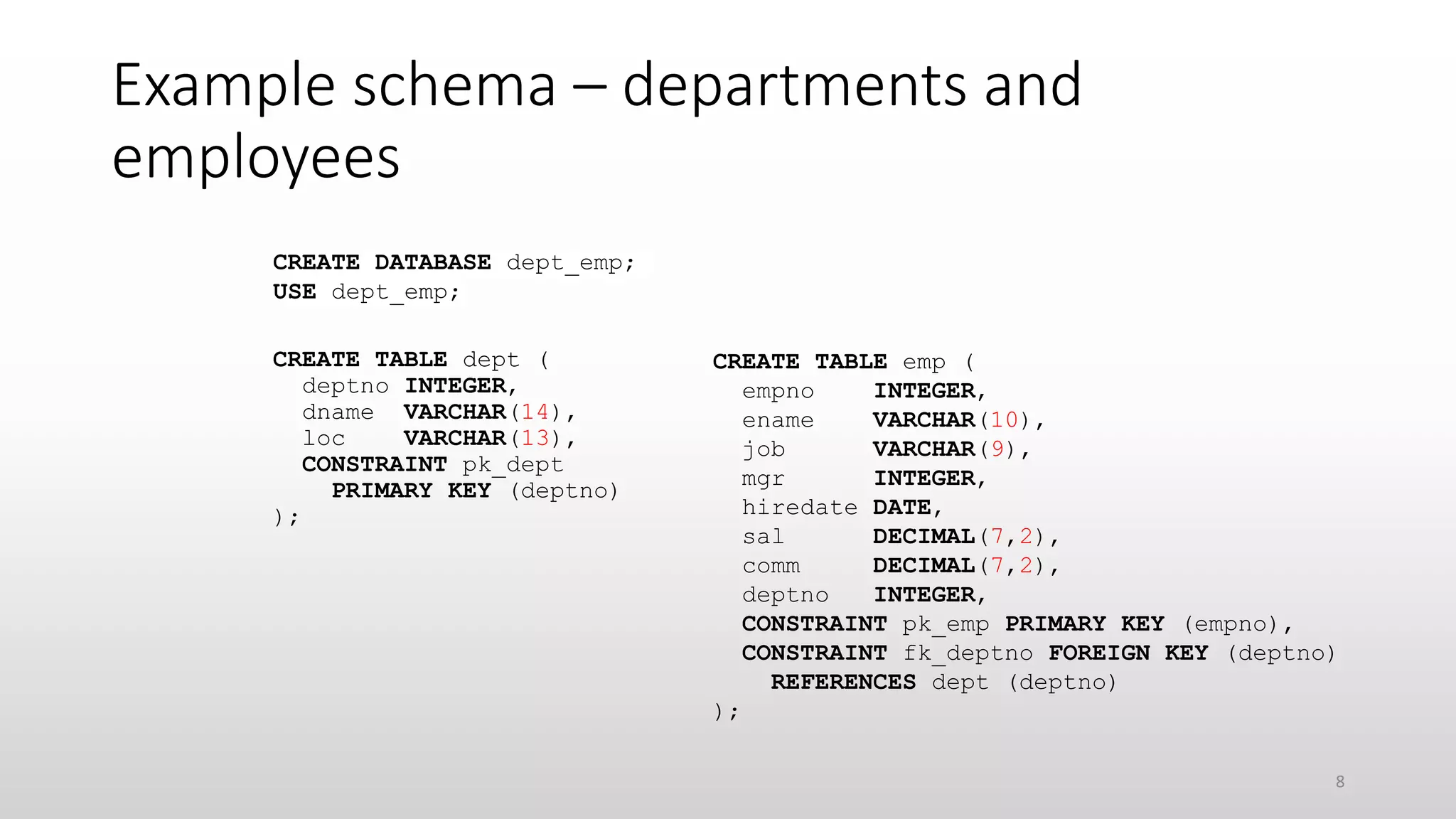 Example schema – departments and
employees
CREATE DATABASE dept_emp;
USE dept_emp;
CREATE TABLE dept (
deptno INTEGER,
dname VARCHAR(14),
loc VARCHAR(13),
CONSTRAINT pk_dept
PRIMARY KEY (deptno)
);
CREATE TABLE emp (
empno INTEGER,
ename VARCHAR(10),
job VARCHAR(9),
mgr INTEGER,
hiredate DATE,
sal DECIMAL(7,2),
comm DECIMAL(7,2),
deptno INTEGER,
CONSTRAINT pk_emp PRIMARY KEY (empno),
CONSTRAINT fk_deptno FOREIGN KEY (deptno)
REFERENCES dept (deptno)
);
8
 