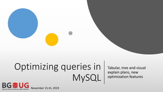 Optimizing queries in
MySQL
Tabular, tree and visual
explain plans, new
optimization features
November 15-th, 2019
 