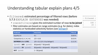Understanding tabular explain plans 4/5
• filtered: estimated percentage of filtered rows (before
5.7.3 EXPLAIN EXTENDED was needed)
• rows x filtered gives the estimated number of rows to be joined
• filter estimates are based on range estimates (e.g. for dates), index
statistics or hardcoded selectivity factors (see Selinger):
+----------+
| filtered |
+----------+
| 100 |
| 10 |
+----------+
Predicate Selectivity Filtered
Equality (=) 0.1 10.00 %
Comparison (>, <, >=, <=) 1/3 ≈ 0.33 33.33 %
BETWEEN (also LIKE) 1/9 ≈ 0.11 (it’s ¼ by Selinger!) 11.11 %
(pred1) AND (pred2) SEL(pred1) * SEL(pred2)
(pred1) OR (pred2) SEL(pred1) + SEL(pred2) - SEL(pred1) * SEL(pred2)
NOT (pred) 1 – SEL(pred)
15
 