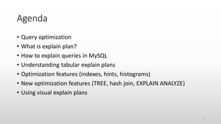Agenda
• Query optimization
• What is explain plan?
• How to explain queries in MySQL
• Understanding tabular explain plans
• Optimization features (indexes, hints, histograms)
• New optimization features (TREE, hash join, EXPLAIN ANALYZE)
• Using visual explain plans
3
 