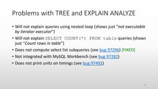 Problems with TREE and EXPLAIN ANALYZE
• Will not explain queries using nested loop (shows just “not executable
by iterator executor”)
• Will not explain SELECT COUNT(*) FROM table queries (shows
just “Count rows in table”)
• Does not compute select list subqueries (see bug 97296) [FIXED]
• Not integrated with MySQL Workbench (see bug 97282)
• Does not print units on timings (see bug 97492)
39
 