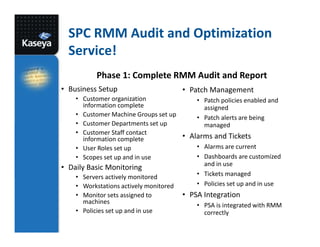 SPC RMM Audit and Optimization
Service!
Phase 1: Complete RMM Audit and Report
• Business Setup

• Patch Management

• Customer organization
• Patch policies enabled and
information complete
assigned
• Customer Machine Groups set up
• Patch alerts are being
• Customer Departments set up
managed
• Customer Staff contact
• Alarms and Tickets
information complete
• Alarms are current
• User Roles set up
• Dashboards are customized
• Scopes set up and in use
and in use
• Daily Basic Monitoring
• Tickets managed
• Servers actively monitored
• Policies set up and in use
• Workstations actively monitored
• Monitor sets assigned to
machines
• Policies set up and in use

• PSA Integration
• PSA is integrated with RMM
correctly

 