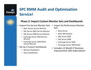 SPC RMM Audit and Optimization
Service!
Phase 2: Import Custom Monitor Sets and Dashboards
• Import Five Service Monitor Sets • Import Six Performance Monitor
Sets
• Basic Server Service Monitor
• SQL Server 2005 Service Monitor
• SQL Server 2008 Service Monitor
• Exchange Server 2003 Service
Monitor
• Exchange Server 2007/2010
Service Monitor

• Set Up 2 Custom Dashboards
• Monitor Dashboard
• Alarm Dashboard

•
•
•
•
•
•

Basic Server
Basic Workstation
SQL Server 2005
SQL Server 2008
Exchange Server 2003
Exchange Server 2007/2010

• Includes 12 Month IT Business
Improvement LMS Subscription!

 