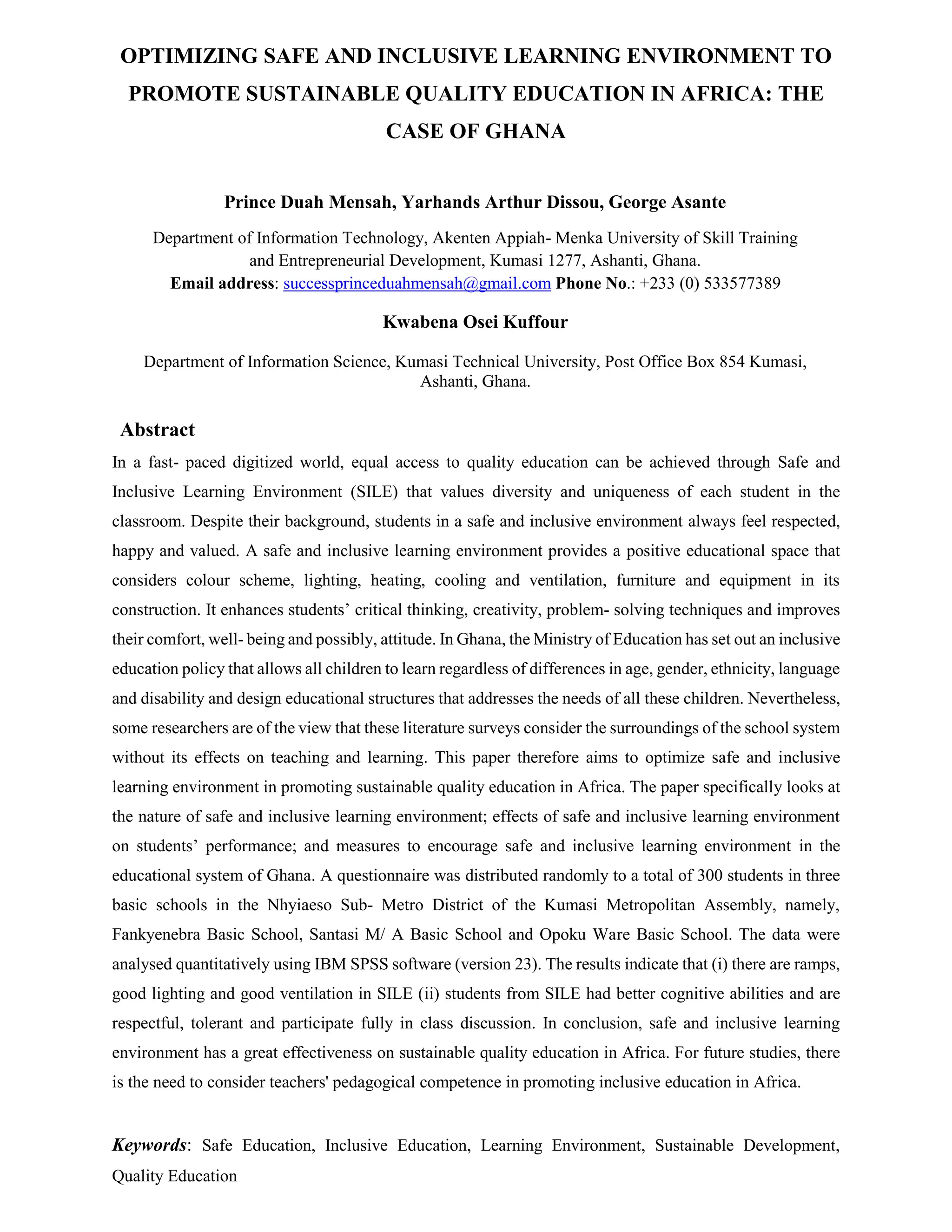 OPTIMIZING SAFE AND INCLUSIVE LEARNING ENVIRONMENT TO PROMOTE ...