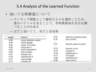 5.4 Analysis of the Learned Function
• 効いてる特徴量について
– ランキング関数として線形なものを選択したため、
重みベクトルを見ることで、各特徴量効き具合を調
べることが出来る
– 正だと効いてて、負だと逆効果

2013/10/23

33

 